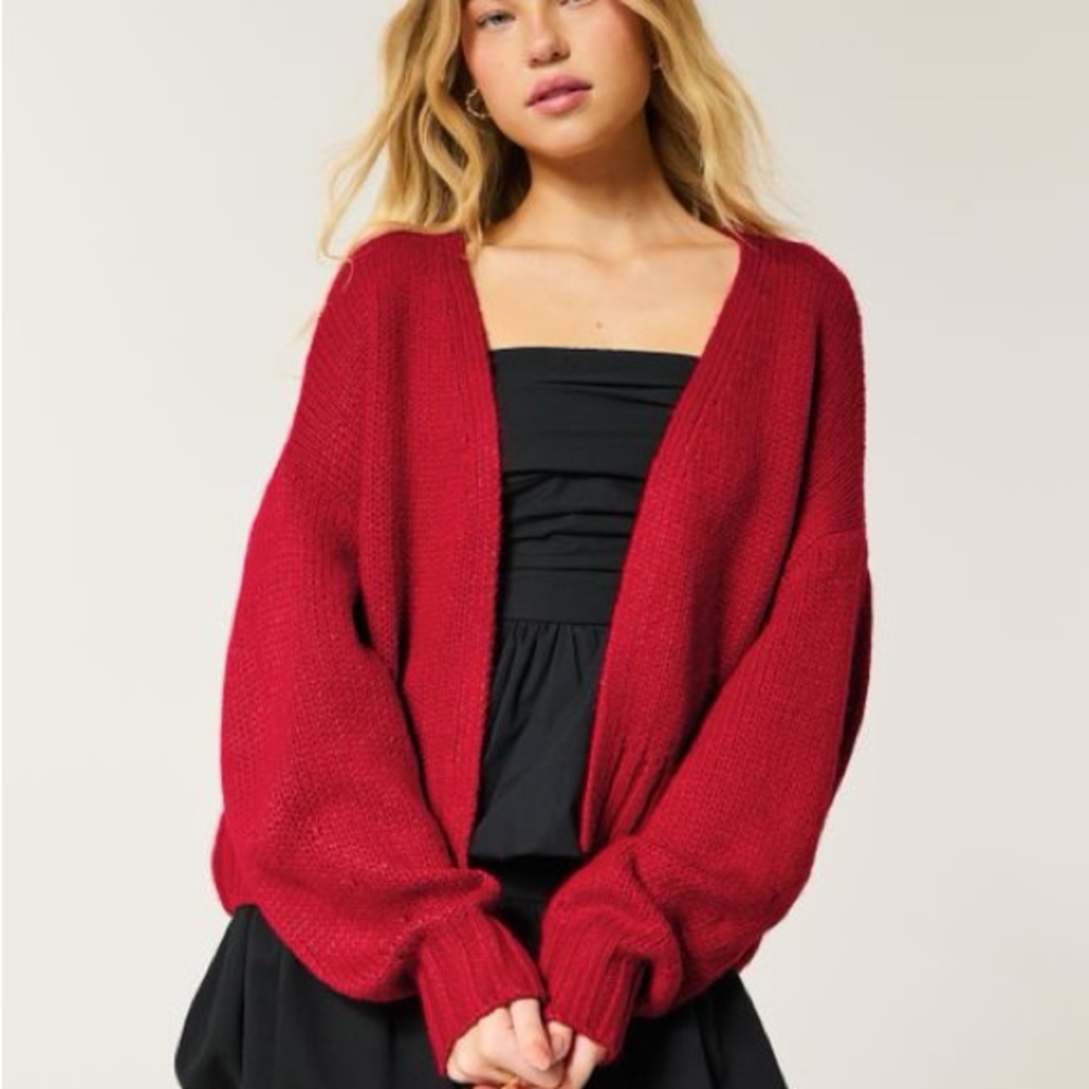 Hollister Red Cardigan Sweater with Balloon Sleeves